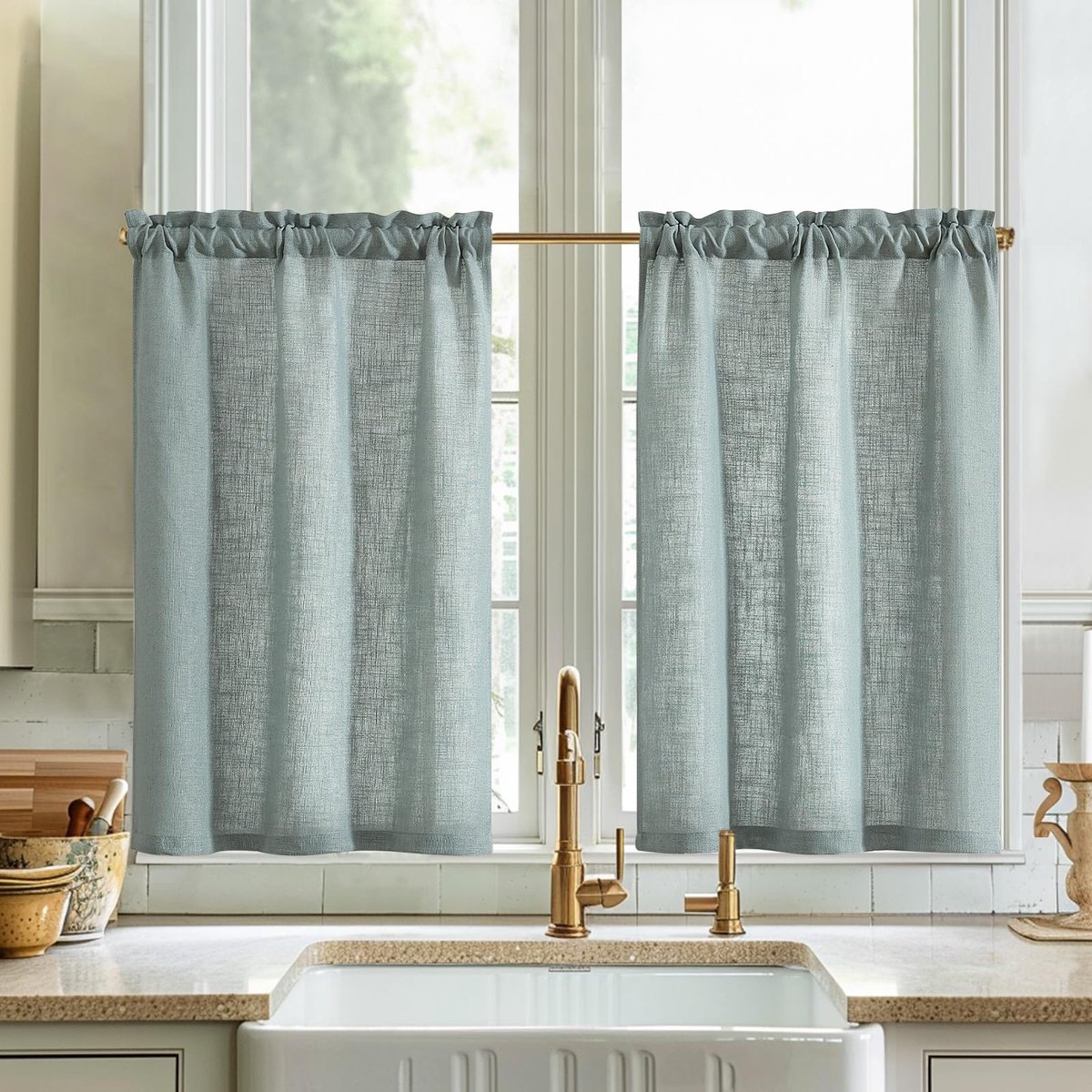 Vitrage, moderne keuken, linnenlook, kort, bistrogordijn, set van 2, 65 x 115 cm (b x h), lichtdoorlatend, keukengordijnen met stangdoorgang, landhuis, caravan, woonkamer, olijf