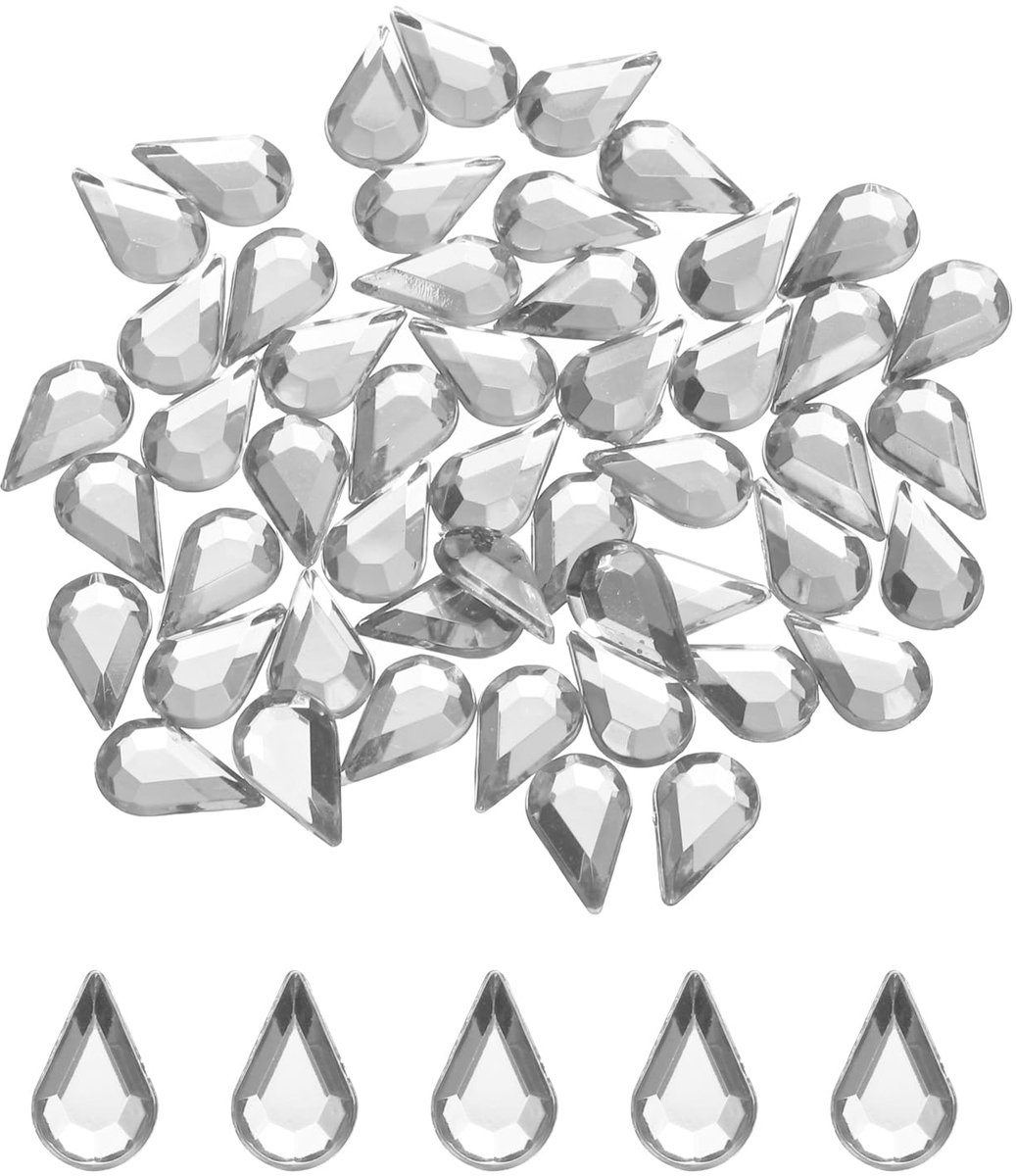 50 stuks acrylstenen in druppelvorm met platte bodem, 8 x 13 mm, kunstmatige strass-steentjes om te knutselen, voor bruiloften, feesten, make-up, gezicht, sieraden, wit