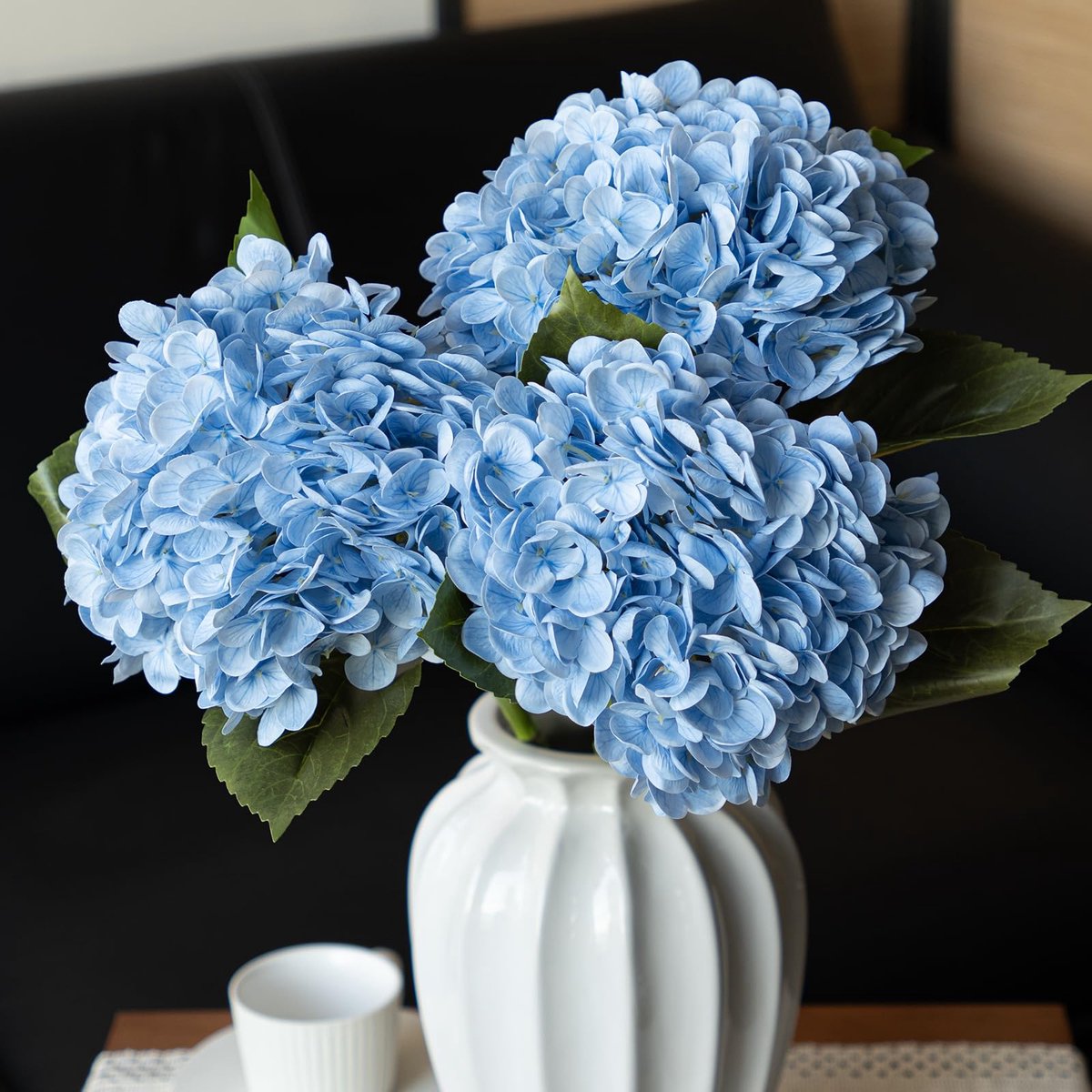 Kunstbloemen, levensechte hortensia‘s, 3 stuks, 56 cm, grote kunstbloemen die echt aanvoelen, geschikt voor buiten, bruiloften, kerst, kantoor, woonkamer, tafeldecoratie - Blauw