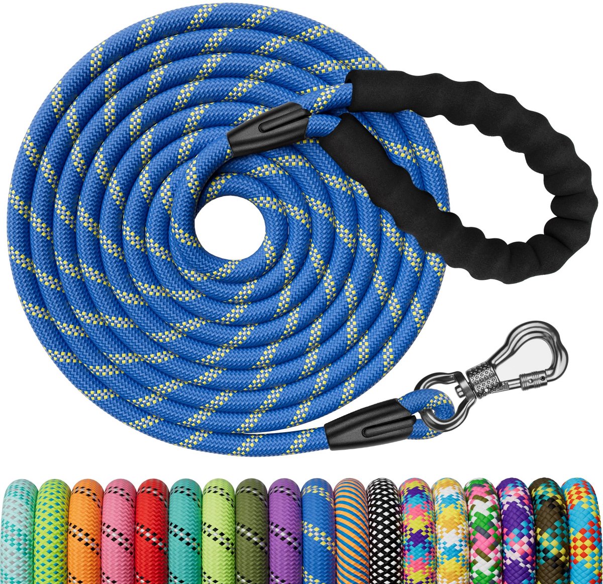 Sleeplijn voor honden, 5 m sterke hondenlijn met comfortabele zacht beklede handgreep, trainingslijn, looplijn voor puppy's, kleine, middelgrote en grote honden, afsluitbare karabijnhaak