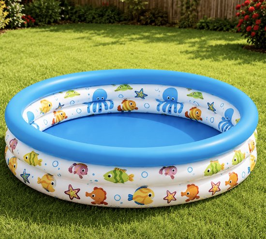 Une piscine gonflable pour enfants avec un bord bleu et un imprimé d'animaux marins, placée sur une pelouse verte.