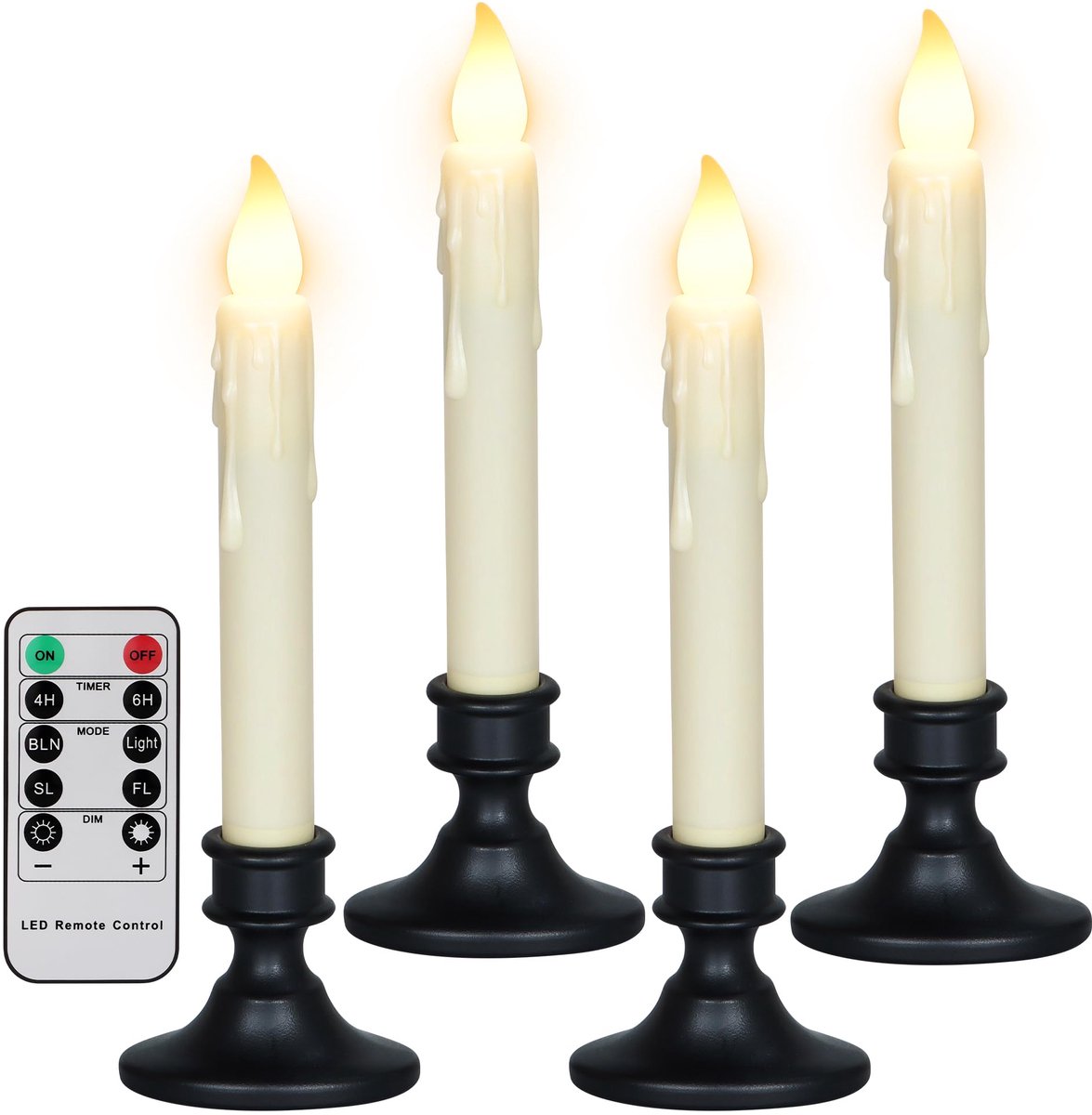 Set van 4 led-staafkaarsen met 4 zwarte kaarsenhouders, afstandsbediening en timer, werkt op batterijen, flikkeren warmwit, outdoor, waterdicht, kunststof