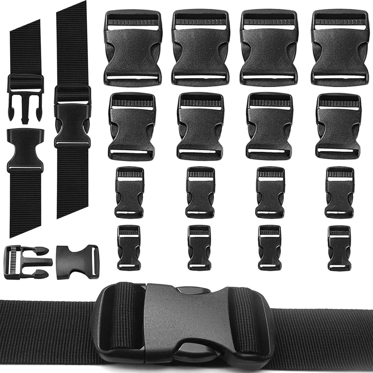 Kliksluitingen Set - Steekgespen Rugzak - Bagage Reparatie - Verschillende Maten - 20-51 mm - Zwart