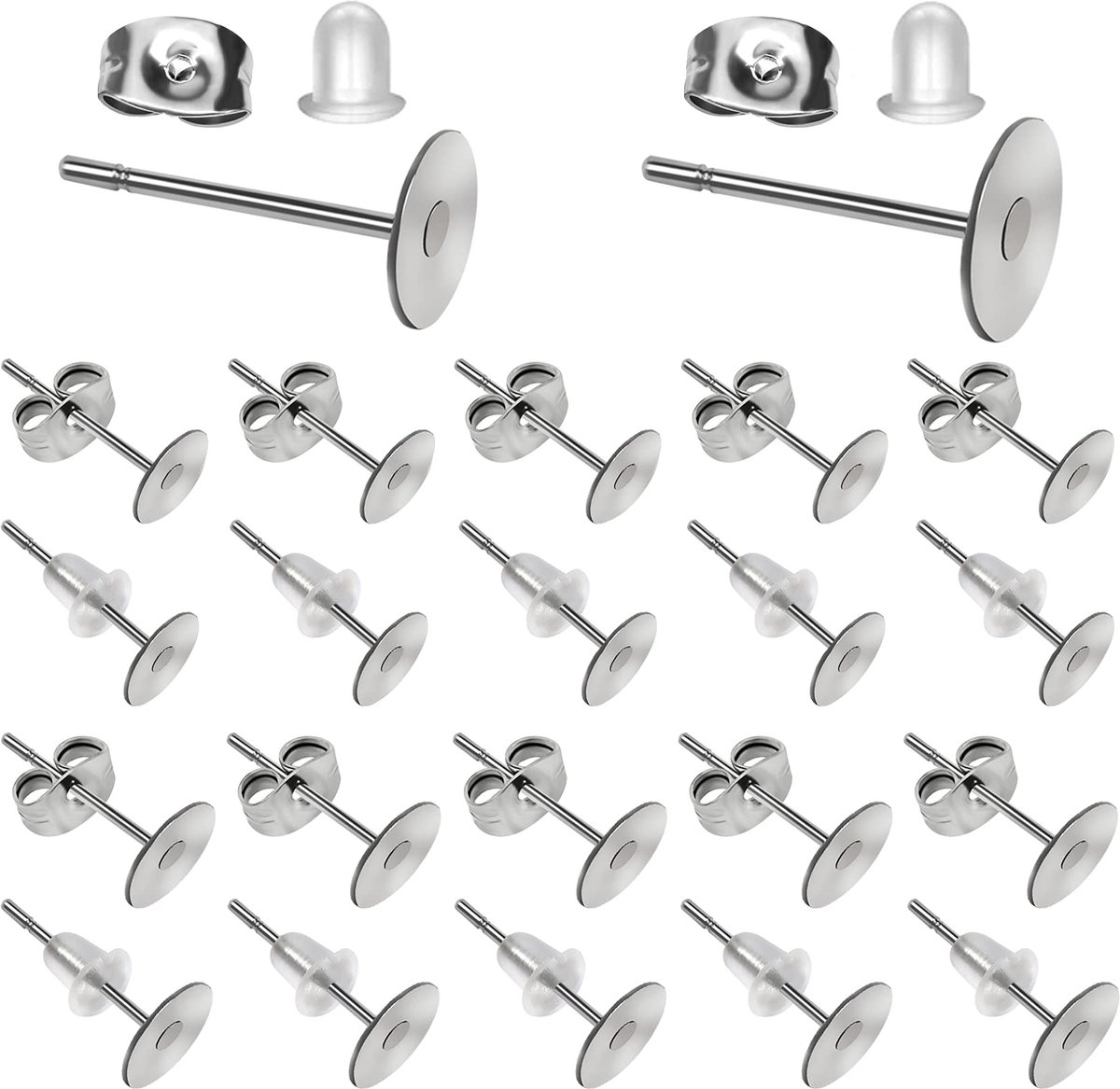 THE ONE AND ONLY BABY TOAOB 500 stuks Oorstekers Platte Basis 6 mm 8 mm Zilver Roestvrij Stalen Vlindersluiting en Transparante Siliconen Gesp Oorbelstopperset voor Sieraden Maken