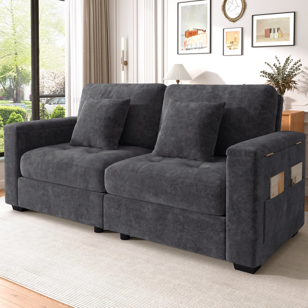HAUSS SPOLE Zitbank - 2-Zits Sofa - Met Opbergruimte In Armleuning En Zijvakken - Voor Woonkamer En Appartement - Chenille Donkergrijs