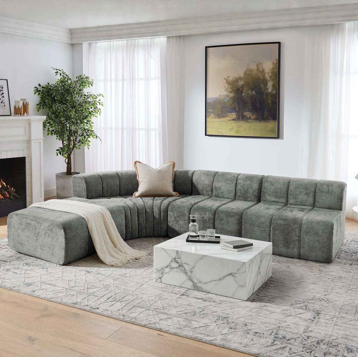 HAUSS SPOLE Hoekbank - Modulaire 4-Zits Bank - Vrij Combineerbaar Met Multifunctionele Modules - Voor Woonkamer En Lounge - Chenille Grijs