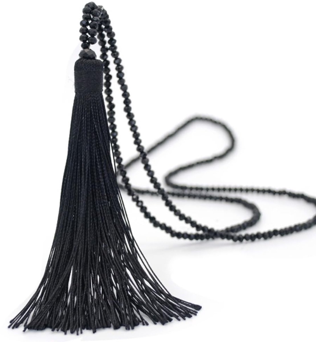Parelketting, vintage lange dames-halsketting met kwast, parelaanhanger, kralenketting, truiketting, halssieraad, elegante parelketting sieraden voor dames, zwart