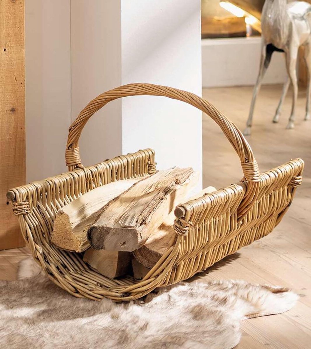 Houten mand - Wilgentenen mand - Brandhout Opslag - Robuust Gevlochten - 59 x 40 x 41 cm - Bruin