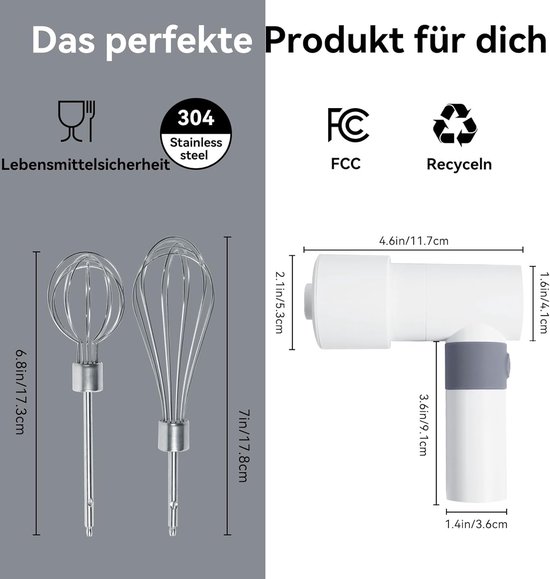 Draadloze Handmixer - Elektrische Garde Oplaadbare Mixer - Bakken en Keuken - Lichtgewicht Ergonomisch Ontwerp - 200 RPM - Wit — afbeelding 5