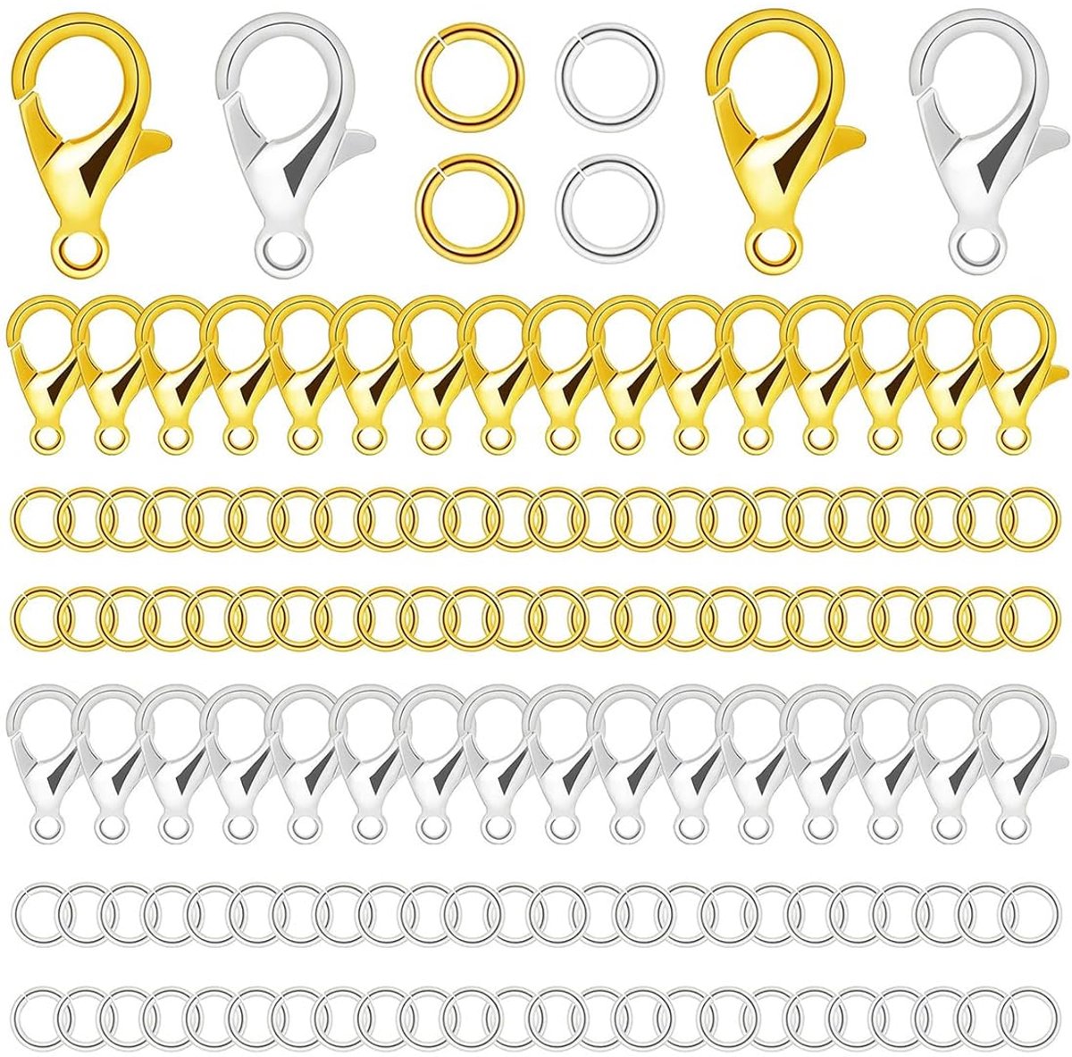 100 stuks sluitingen voor armbanden, 200 stuks open ringen, karabijnsluiting, sleutelhaken, haken voor armbanden, voor het knutselen van halskettingen (goud/zilver)