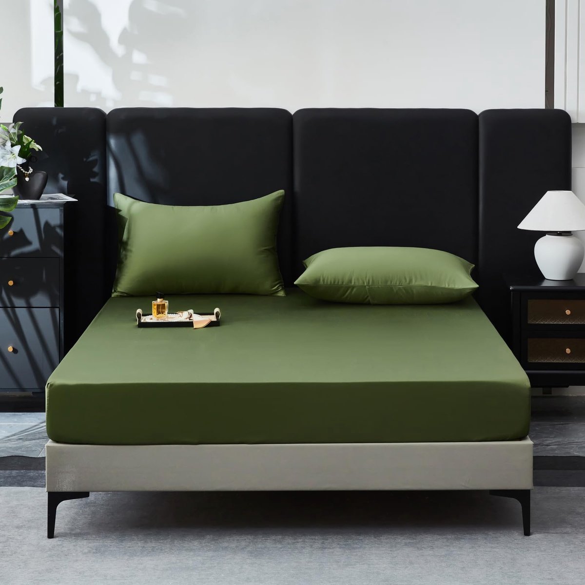 Hoeslaken, 90 x 200 cm, katoen-satijn, olijfgroen, laken 90 x 200 cm, 100% langstapelig katoen, verkoelend, zacht, ademend, mako-satijn, boxspringbed, geschikt voor matrassen van 30 cm