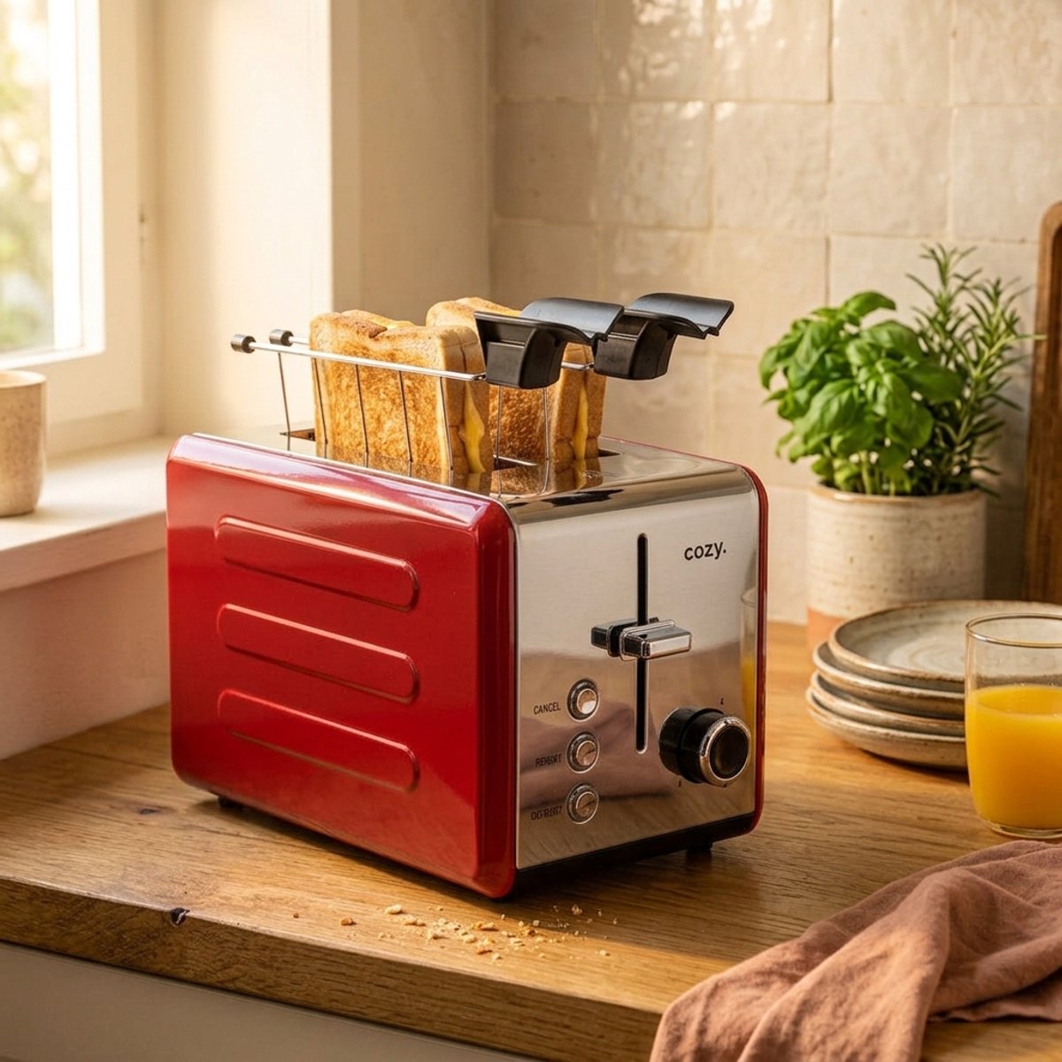 cozy.® Metalen Broodrooster met Tostiklemmen - Tosti Apparaat 850W - Retro Tosti Ijzer & Toaster - Brede Sleuven & 6 Standen - Ontdooi & Verwarm functie - Inclusief E-book - Broodrooster Rood thumbnail 2
