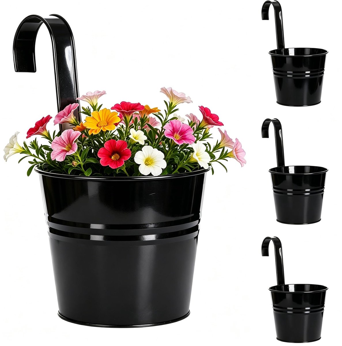 Set van 4 hangende bloempotten, 16 cm, metalen hangpot met afneembare haken, verzinkt ijzer, hangende bloempot met drainagegat, hangpot voor planten voor balkon (zwart)