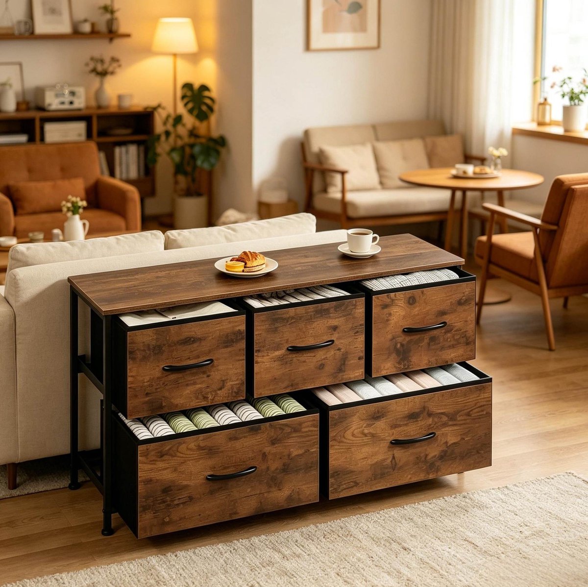 MIVRAY Dressoir - Opbergkast Met 5 Lades En Grote Opbergruimte - Voor Hal En Woonkamer - Metaal MDF Stof - 100x54x30 Cm - Vintage Bruin