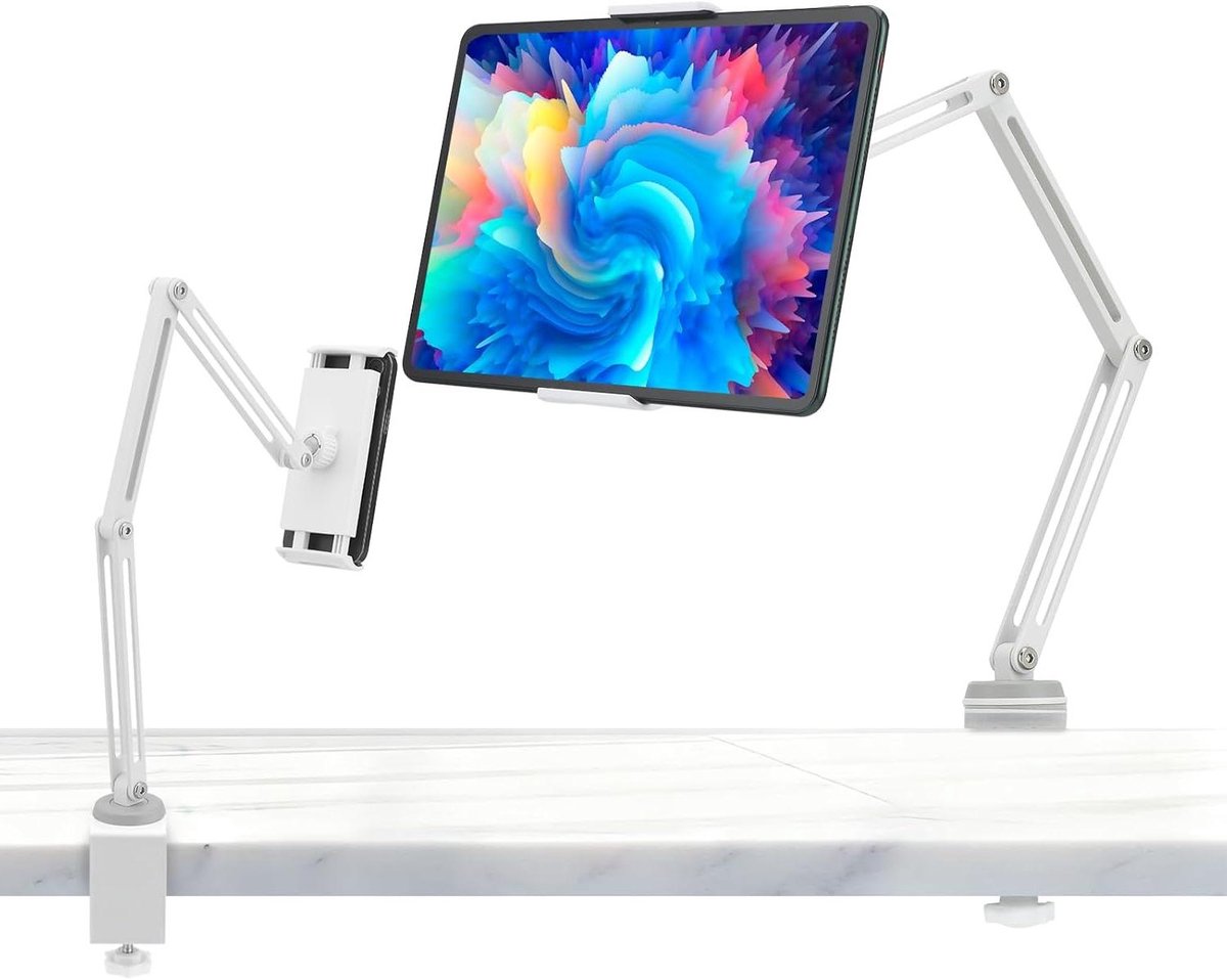 Tabletstandaard Aluminium - iPad Houder - Handsfree Gebruik - Verstelbare Scharnierarm - 4.7-12.9 inch - Zilver