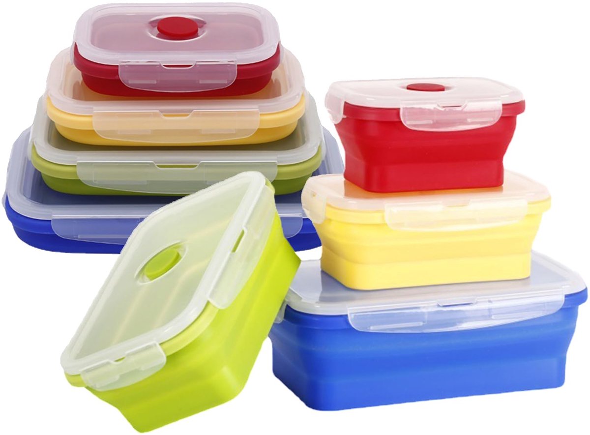 Kommen, 4 Stuks Rechthoekige Siliconen Opvouwbare Opbergdozen Sets met Deksels voor Magnetron, Vaatwasser, Vriezer, Kamperen Essentieel Gereedschap voor Kamperen, Campers