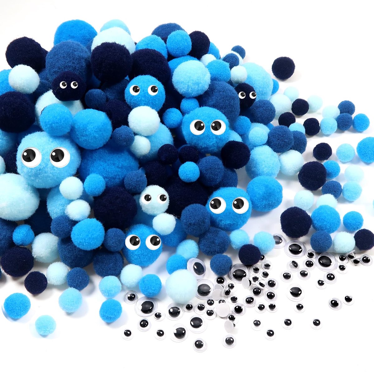 300 stks Pom Poms Blauwe Serie Diverse Pluizige Pompons Elasticiteit Fuzzy Ballen 10mm 15mm 20mm 25mm 30mm met Wiggle Ogen voor DIY Ambachten Decoraties
