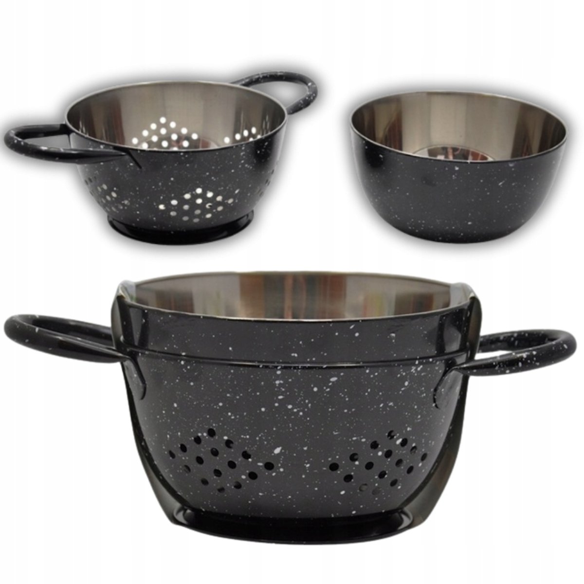 Vergiet & Mengkom Set 15,5 cm - Zwart - RVS Binnenkom - Metalen Vergiet - Keukenset - Wasbak voor Groente en Fruit