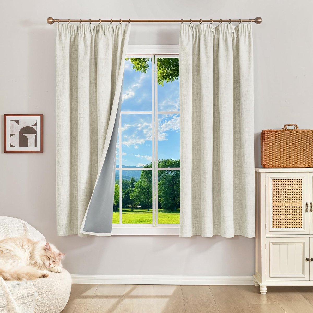 100% verduisteringsgordijnen, thermische gordijnen, koudebescherming, gordijnen met plooiband, 160 x 140 cm (h x b), set van 2, linnenlook, gordijnen, ondoorzichtig, lichtbeige