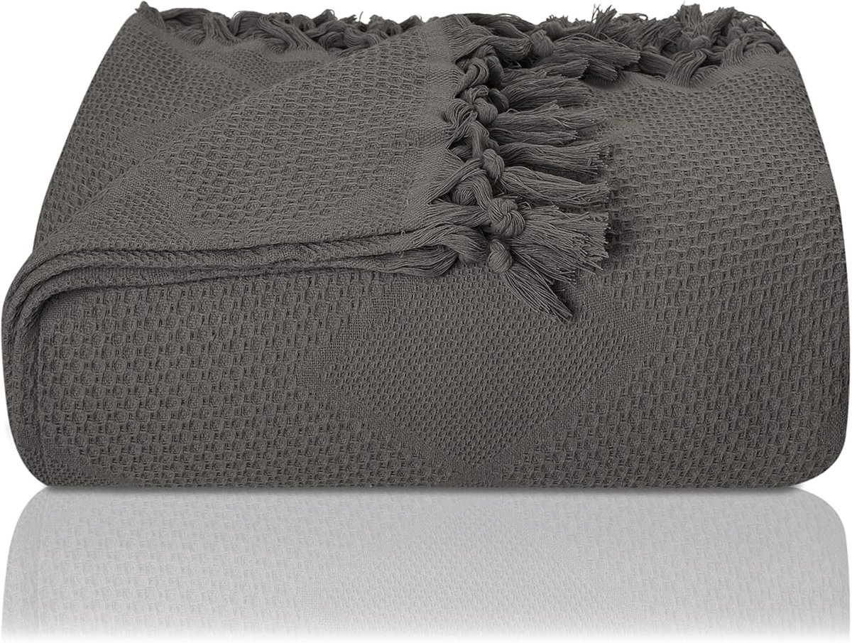 Premium Sprei met handgeknoopte franjes - 100% katoen - 150 x 220 cm - Wafelpiqué Zomerdeken - Katoenen Deken als Beddeken, Bankstel Deken & Bank Deken (Antraciet)