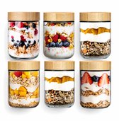 Dutchers.® Overnight Oats Bekers - Potjes van Glas - 6 Stuks - 480ml - Glazen Potjes met Deksel - Voorraadpotten - Lunchpot - Yoghurtbeker - Beker To Go - Milieuvriendelijk - Glas & Bamboe - Sterk Sluitsysteem - Ontbijt & Lunch - Luchtdicht