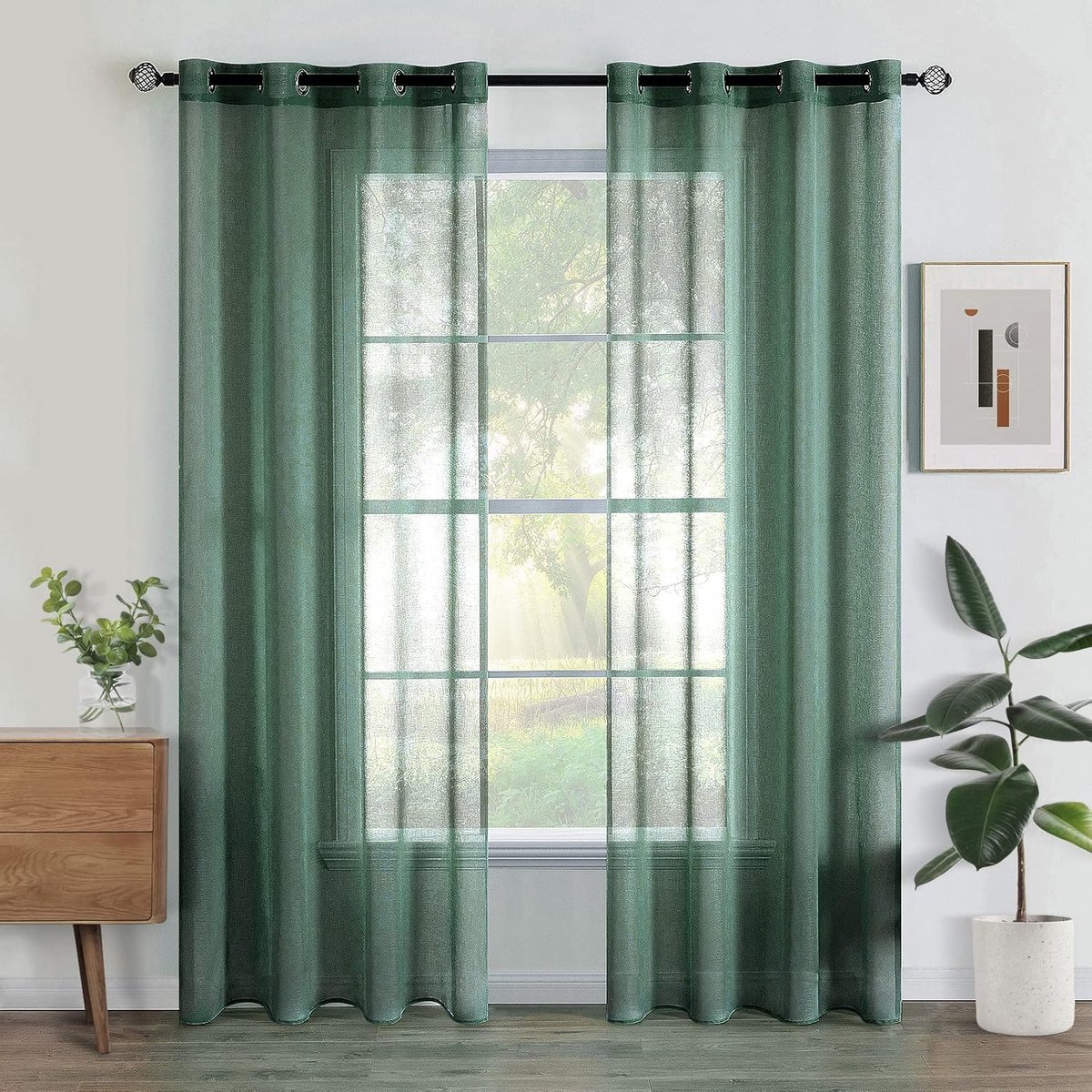 Set van 2 transparante gordijnen met ringen, semi-transparante binnengordijnen voor slaapkamer, woonkamer, huis, 140x245 cm, donkergroen