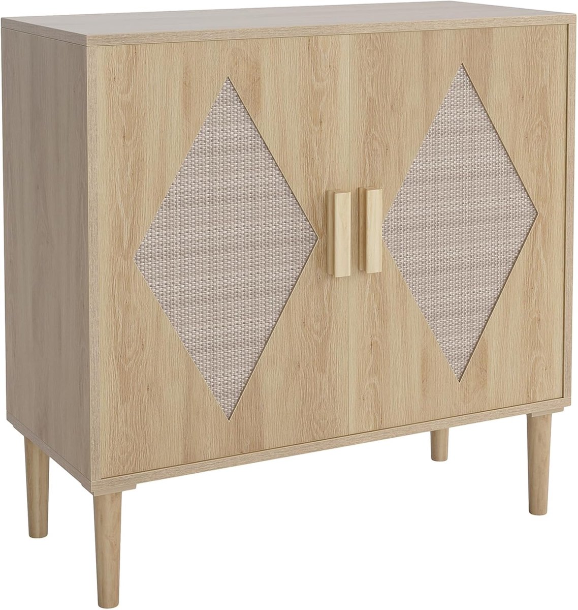 Houten Dressoir met Rotan Deuren - Moderne Opbergkast met Verstelbare Plank - Bohemien Buffetkast voor Woonkamer, Keuken of Hal - Naturel Hout