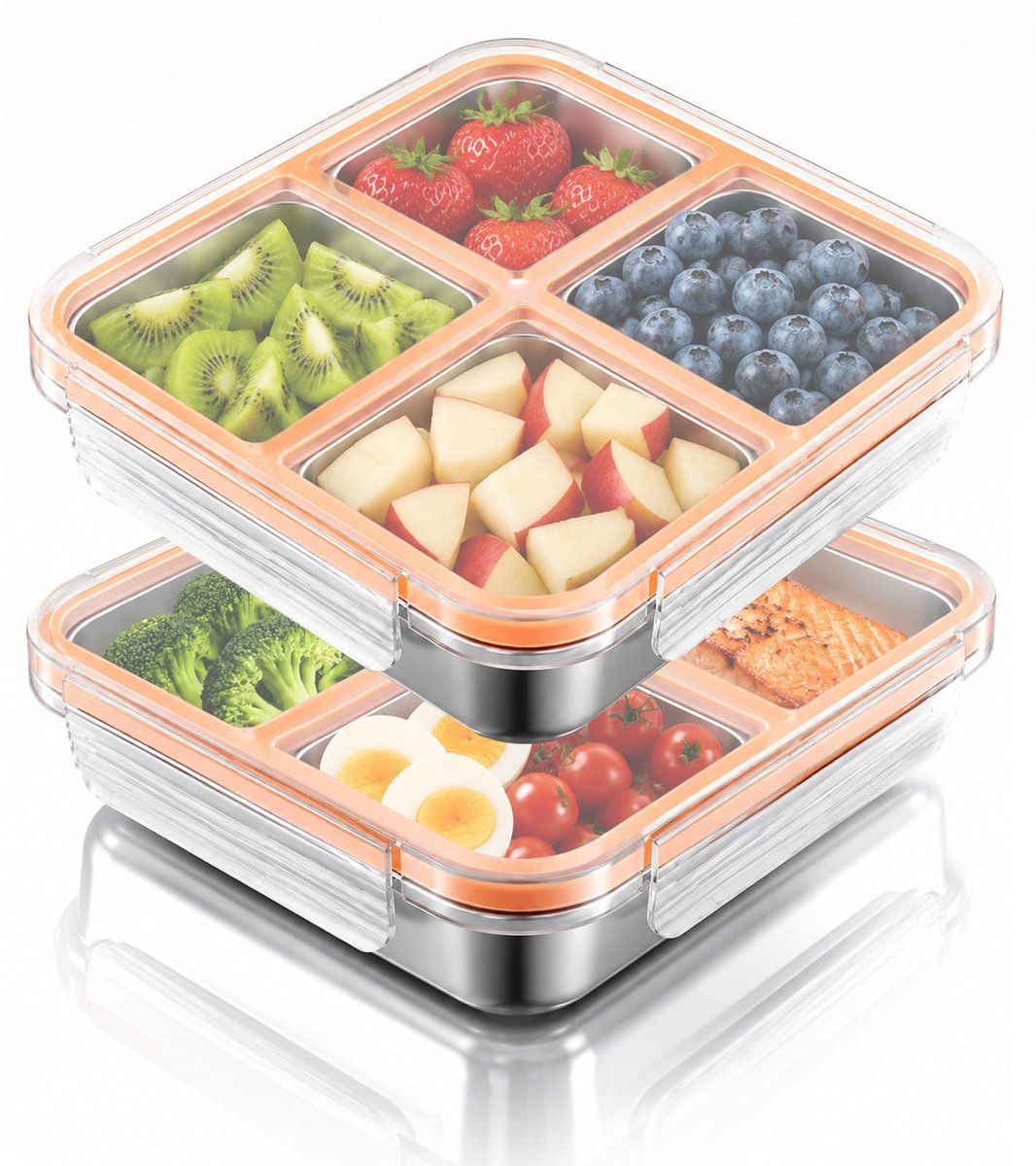 2 stuks snackbox met 4 vakken, roestvrij staal, lunchbox, 720 ml, lekvrije snackbox met deksel, herbruikbare broodtrommel voor kinderen en volwassenen, metalen lunchbox voor school, camping, werk