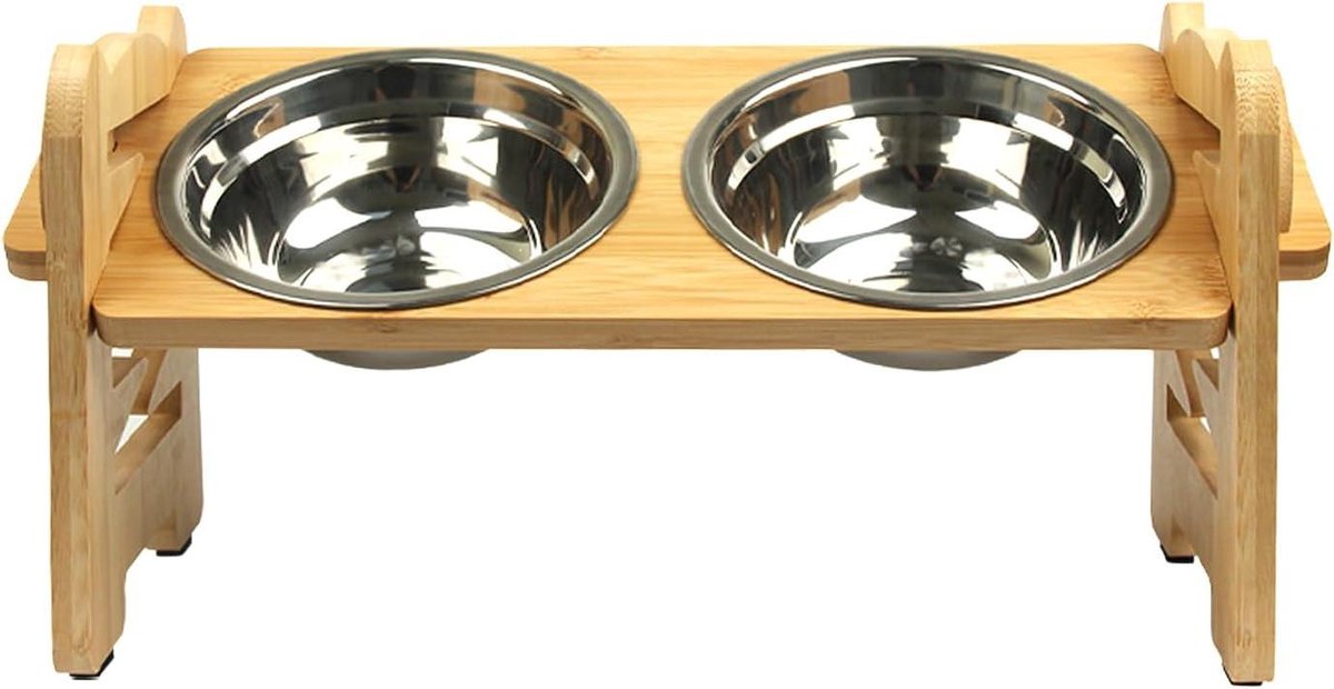 Verhoogde Voederbak - Honden en Kattenbak - Comfortabel Eten - 6 Hoogte-standen - 700 ml kommen - Natuurlijk Bamboe