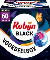 Robijn Black Voordeelbox: 4x15 = 60 capsules. Een enkele capsule met paarse, blauwe en roze vlekverwijderende vloeistof.