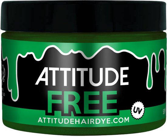 Potje groene haarverf 'Attitude Free' met zwarte deksel.