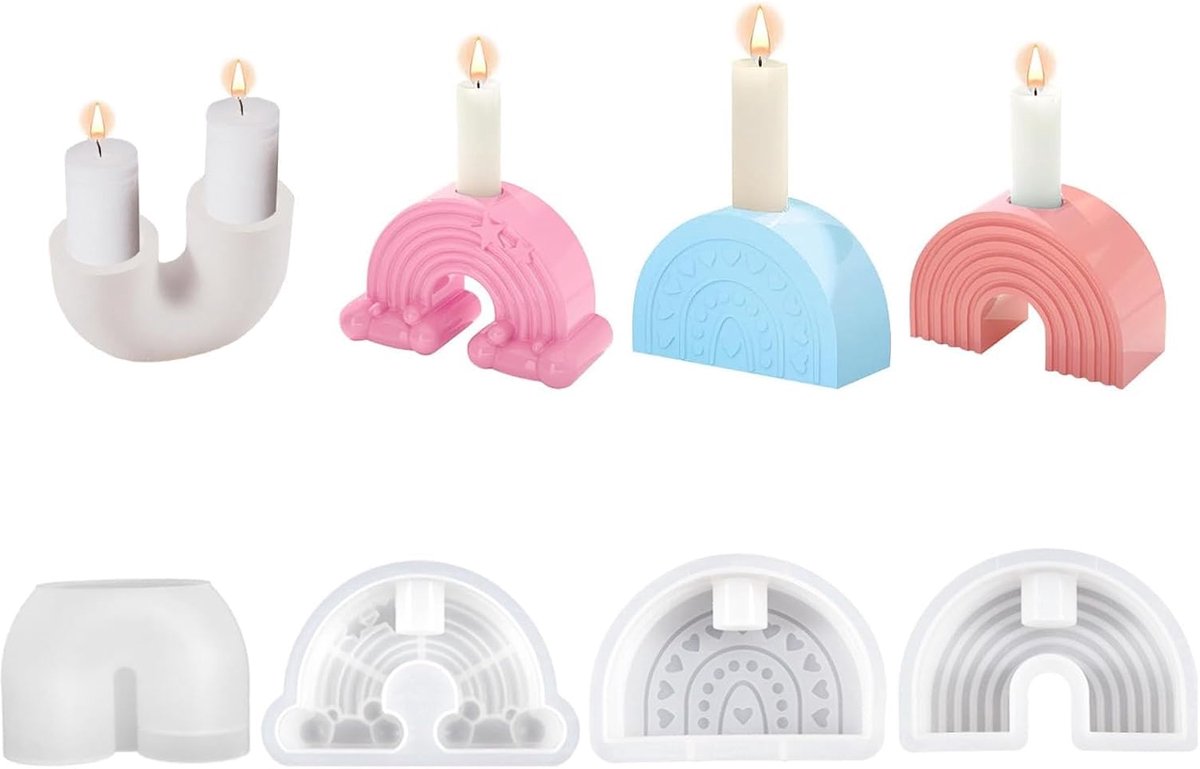 4 Stuks Silicone Vorm voor Kaars Houder, Epoxy en Regenboog Kaarsen - DIY Kaars Vormen met Dienblad