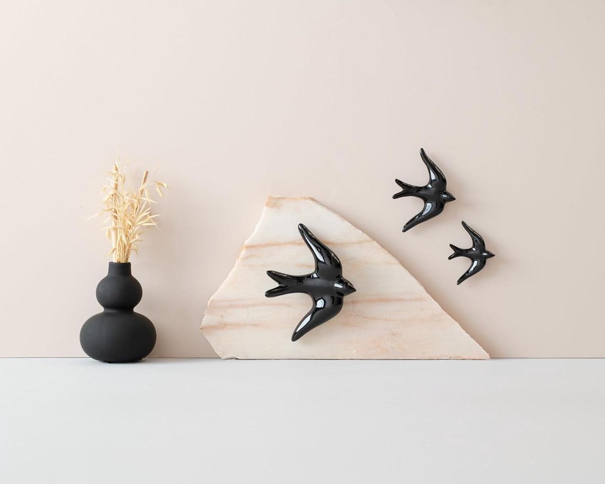 Keramische Zwaluwen Set - Wanddecoratie Vogels - Huis Verfraaien - Handgemaakt Ontwerp - 3 Delig - Zwart