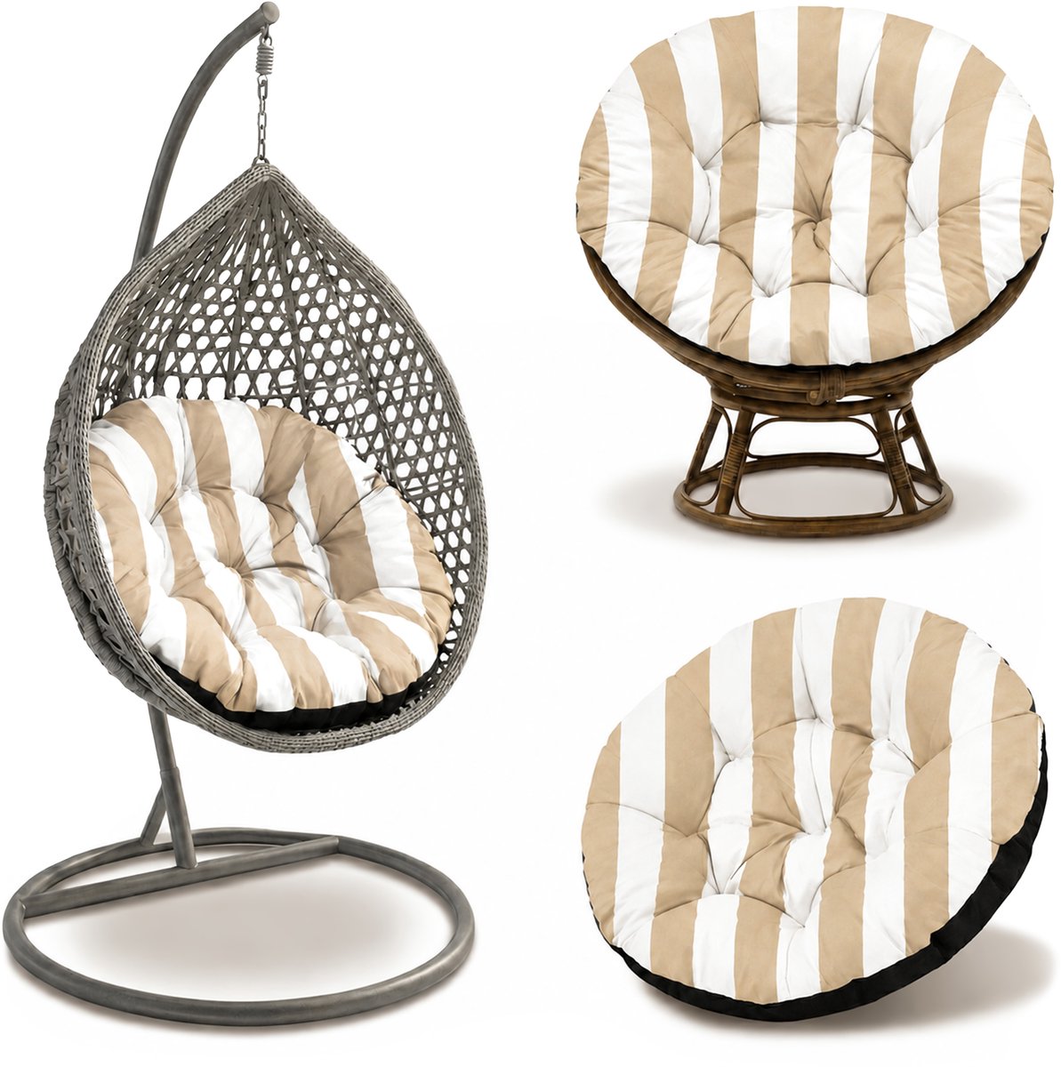 Hangstoel Kussen 110 cm – Papasan Kussen & Eivormige stoel rond – groot zitkussen waterafstotend voor Tuin Terras Veranda Binnen Buiten Rotan en Woonkamer Wit-beige strepen