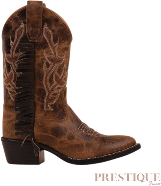 Bruine cowboylaars met franjes, geborduurde details en 'Prestige Junior' logo. Rubberen zool.