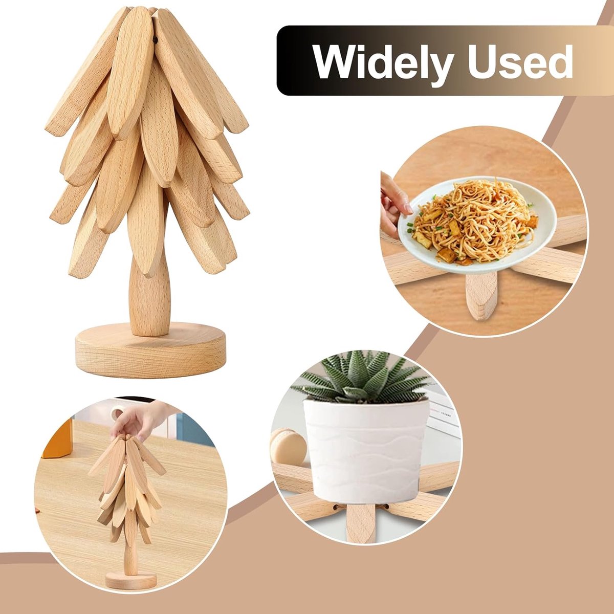 Houten Onderzetters - Pannenhouders Set - Heet Servies Beschermen - Uniek Kerstboom Design - 5 Stuks + Stand - Houtkleur