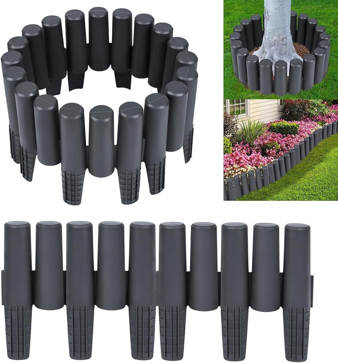 Gazonrand kunststof - Bloembedomranding tuin - Tuin afscheiden - Splitbaar houtlook design - 112 meter 40 stuks - Antraciet
