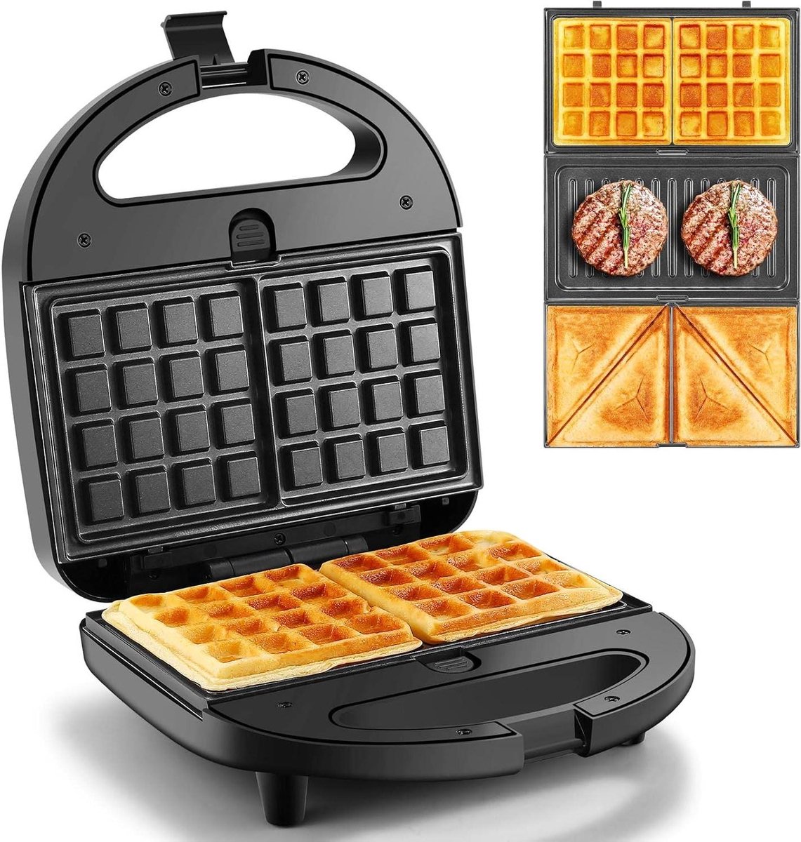 Apparaat 3-in-1 - Sandwichmaker Wafelijzer Grill - Ontbijt Bereiden - Afneembare Platen - 750W - Zwart