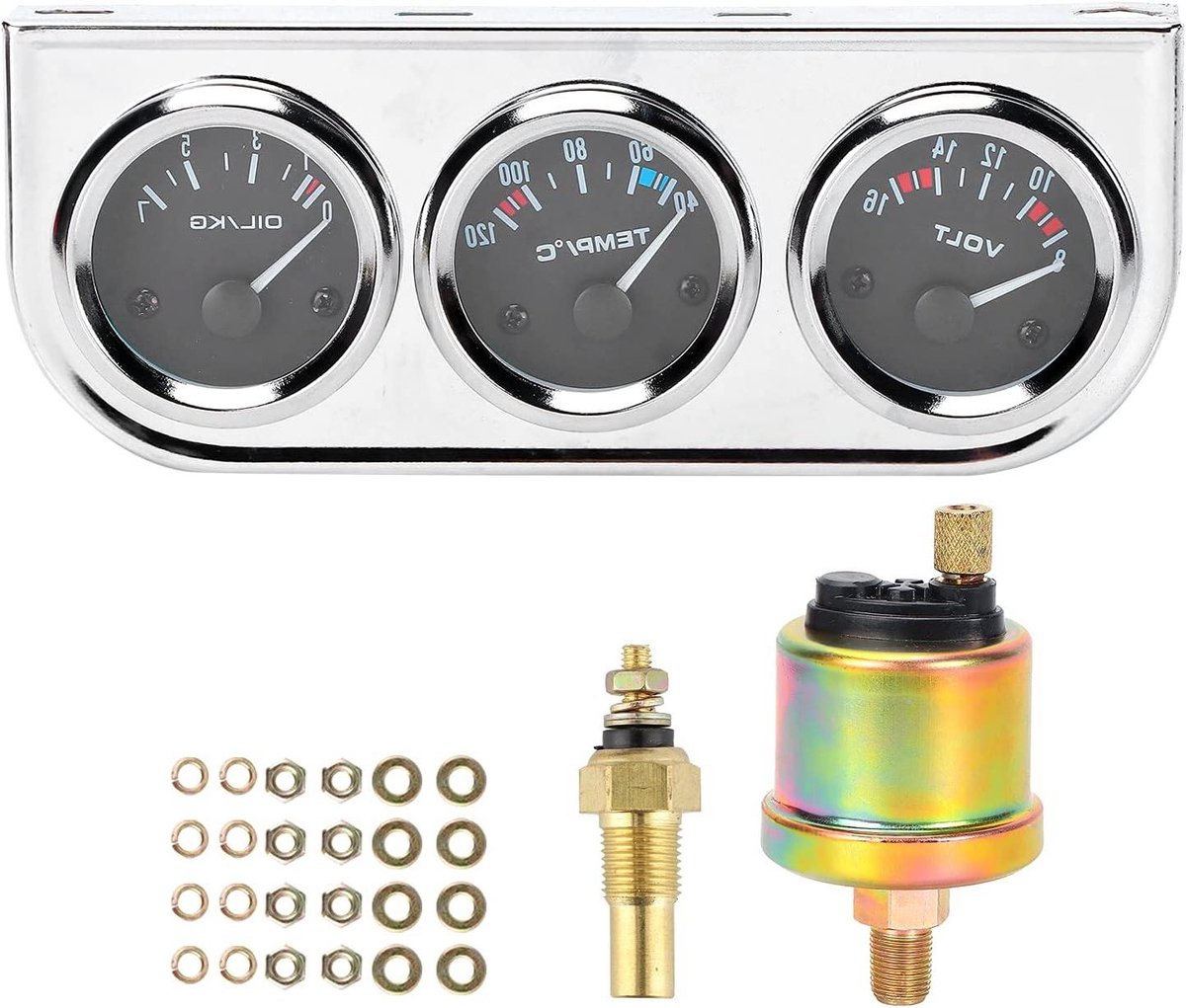 3 in 1 Autometer Set - Oliedrukmeter Watertemperatuurmeter Voltmeter - Auto Monitoring - Duidelijk Afleesbaar - 52 mm - Zwart