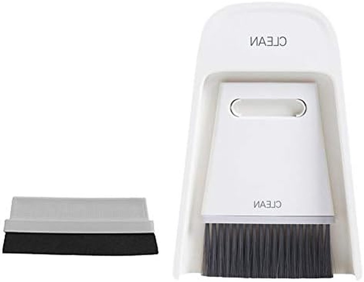 Stoffer en Bezem Set - Mini Veegset - Desktop Schoonmaken - Antisliprand - 19.5 x 13.3 cm - Grijs-wit