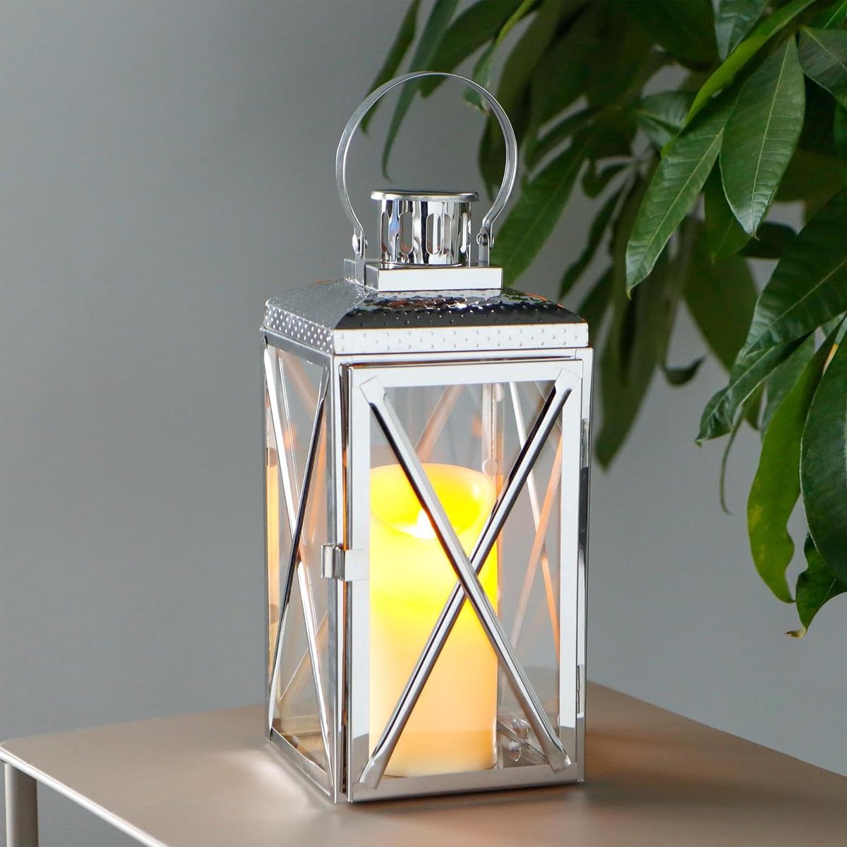 Decoratieve Lantaarn - Sfeerverlichting Buiten - Terras Verfraaien - Roestvrij Staal - 14 x 29.5 cm - Zilverkleurig