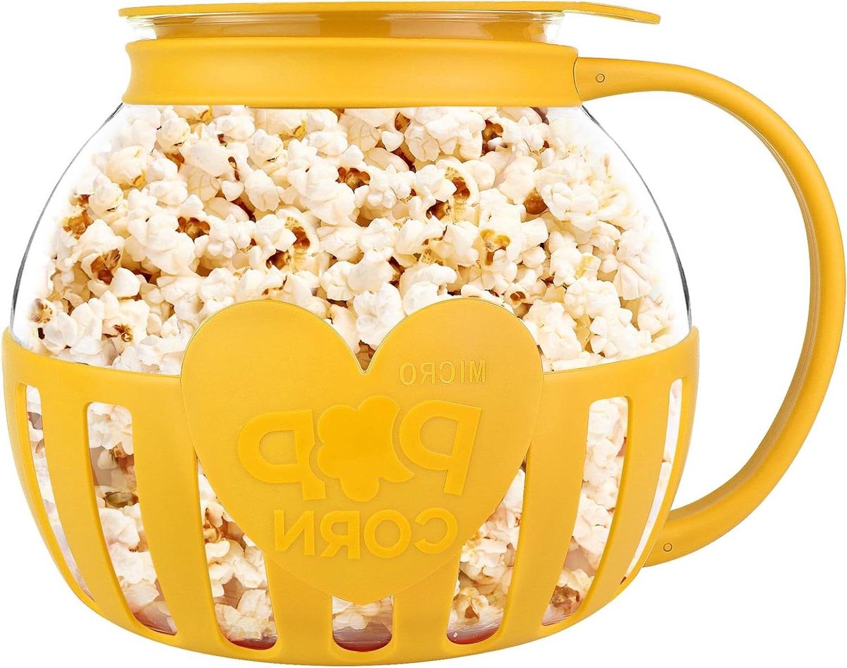 Magnetron Popcornmaker - Glazen Popcornkom - Gezonde Snacks Maken - Gelijkmatige Warmteverdeling - 3 Quarts - Geel