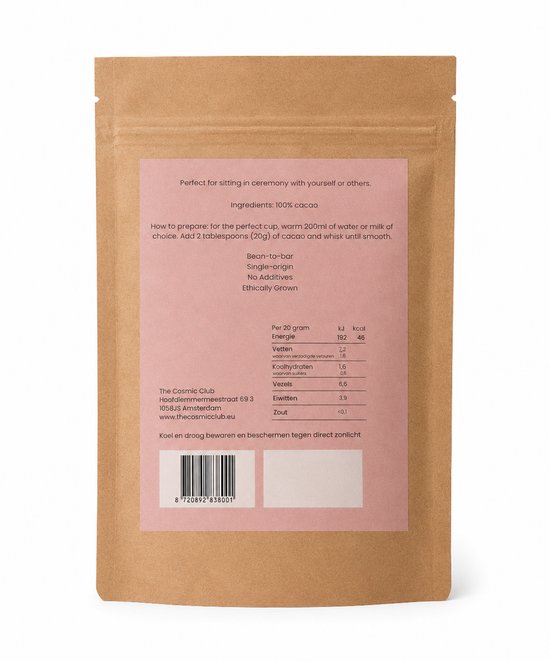 Achterkant van een papieren verpakking met ingrediënten, bereidingswijze en voedingswaarde.