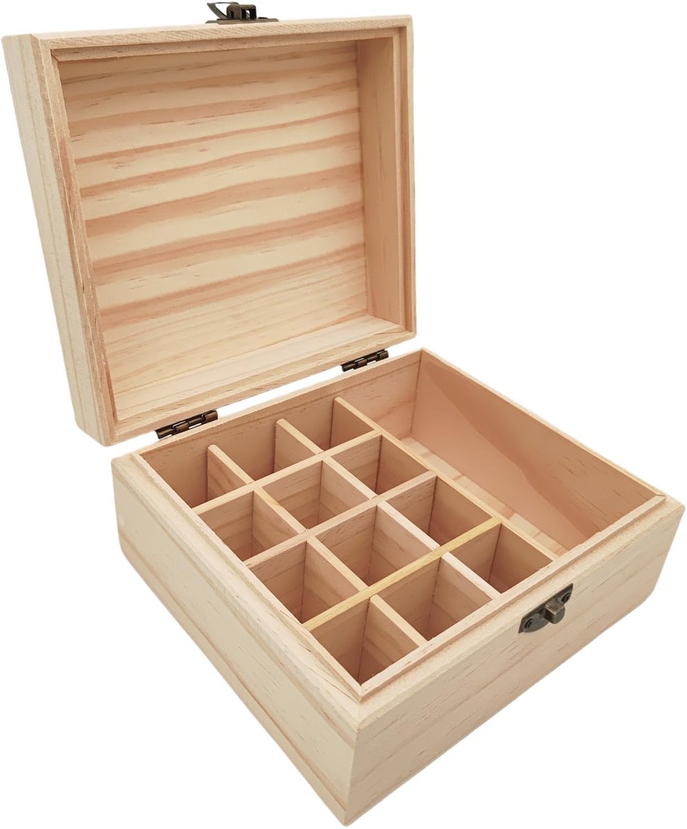 Opbergbox met 13 vakken, 17 x 15 x 8,5 cm, ongelakte houten kist met sluiting voor kleine aandenken, sieraden, theezakjeshouder