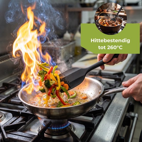 Spatule noire en silicone cuisant des légumes dans une poêle à feu vif, avec le texte "Résistant à la chaleur jusqu'à 260°C."