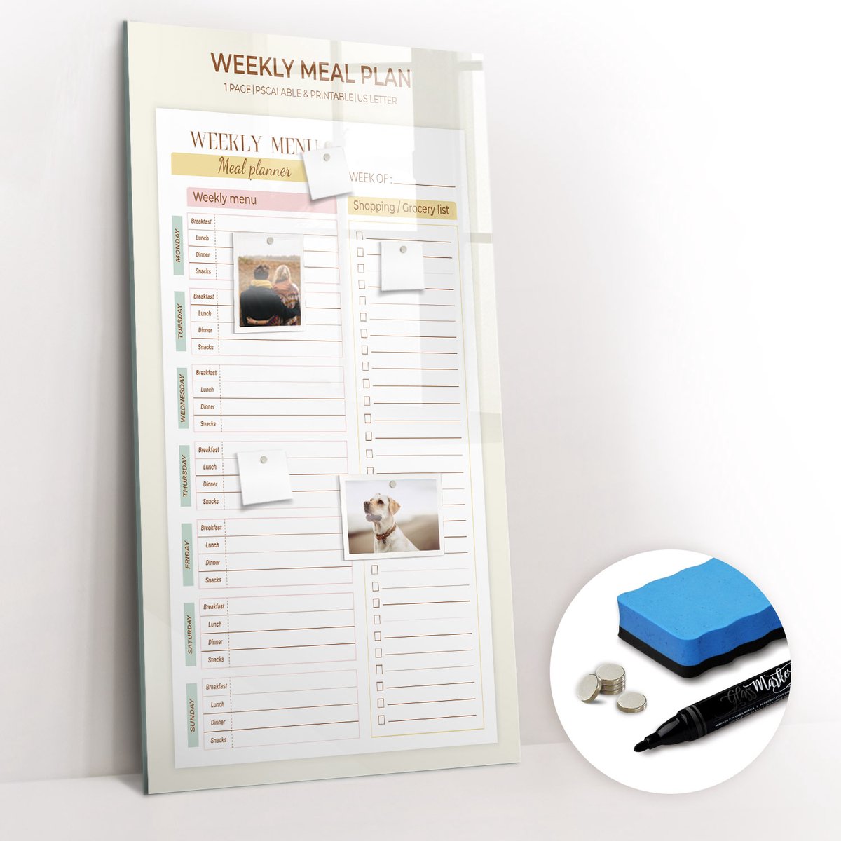 Tulup Whitebord - Maaltijdplanner voor een dieet - 60 x 120 cm - Geel Memobord Magnetisch - Gratis 5 Sterke Magneten + Whiteboard Marker & Wisser - Minimalistisch Prikbord - Magnetisch Memobord - Organiseer Je Bureau