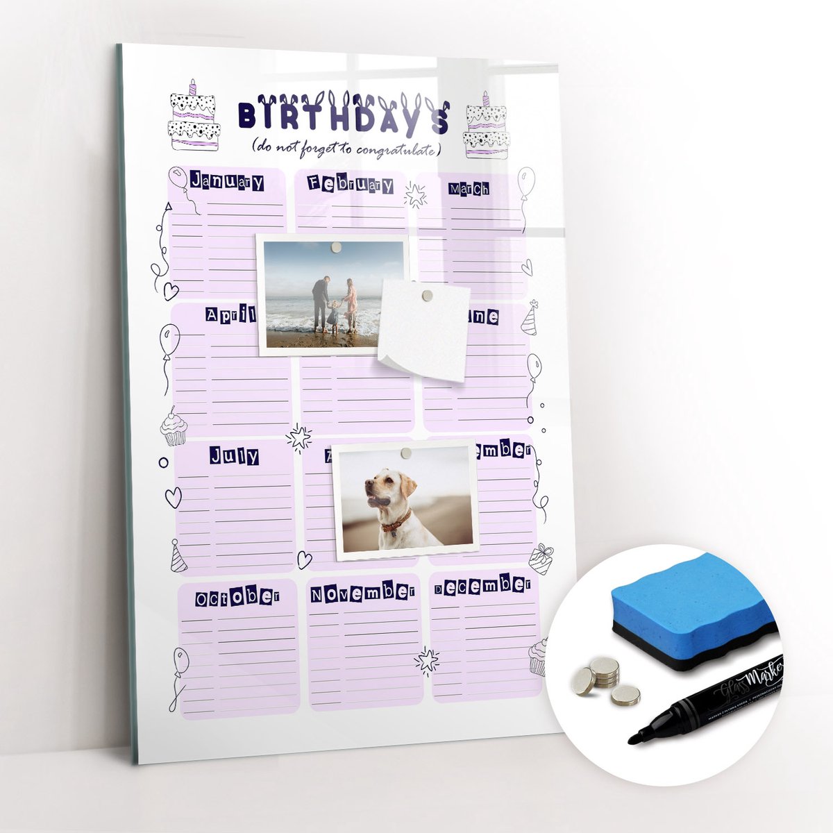 Tulup Whitebord - Verjaardagsplanner - 40 x 60 cm - Roze Magneetborden voor vakantiemagneten - Gratis 5 Sterke Magneten + Whiteboard Marker & Wisser - Minimalistisch Prikbord - Magnet Board - Planning Muur
