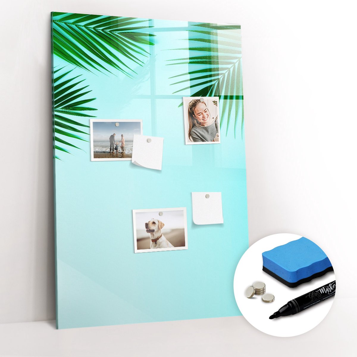 Tulup Whitebord - Palmbladeren - 60 x 90 cm - Blauw Magnet Board - Gratis 5 Sterke Magneten + Whiteboard Marker & Wisser - Minimalistisch Prikbord - Magnetisch Memobord - Organiseer Je Bureau