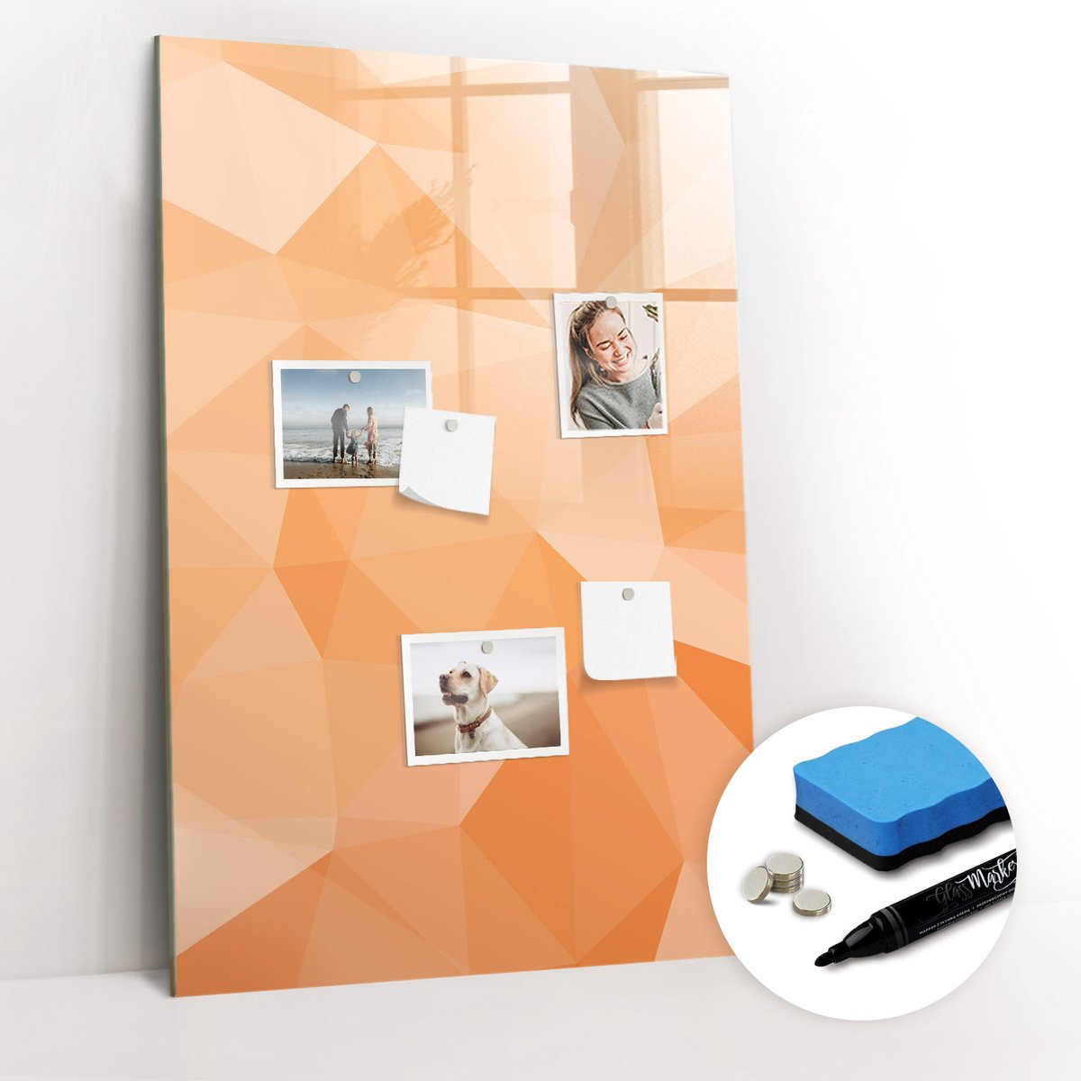 Tulup Whitebord - Neon driehoeken abstract - 60 x 90 cm - Oranje Magneetbord Keuken - Gratis 5 Sterke Magneten + Whiteboard Marker & Wisser - Industrieel Wandbord - Magneetbord Foto - Productiviteit Tools