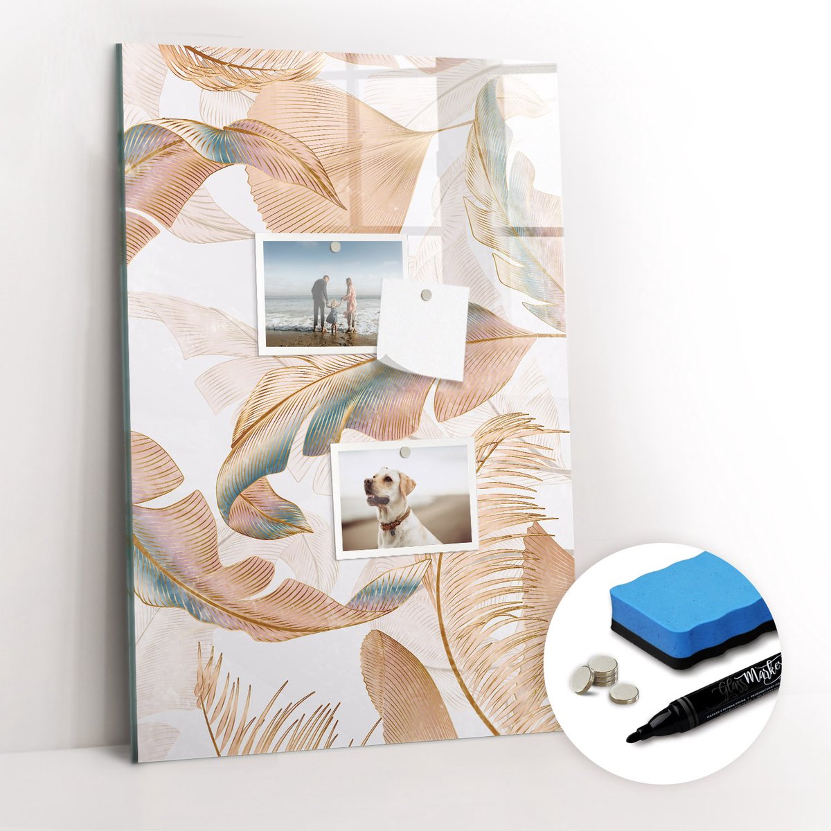 Tulup Whitebord - Vogelverenpatroon - 40 x 60 cm - Veelkleurig Decoratieve magneetborden met print - Gratis 5 Sterke Magneten + Whiteboard Marker & Wisser - Design Memobord - Magneetbord Design - Inspiratiebord Kantoor